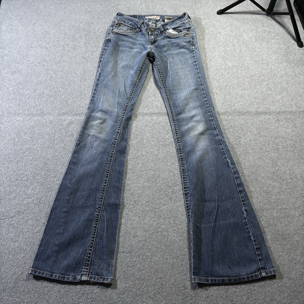 Vtg Y2K Paris Blues Low Rise Flare Jeans 25x34.5 Flap Pocket Distressed Tall